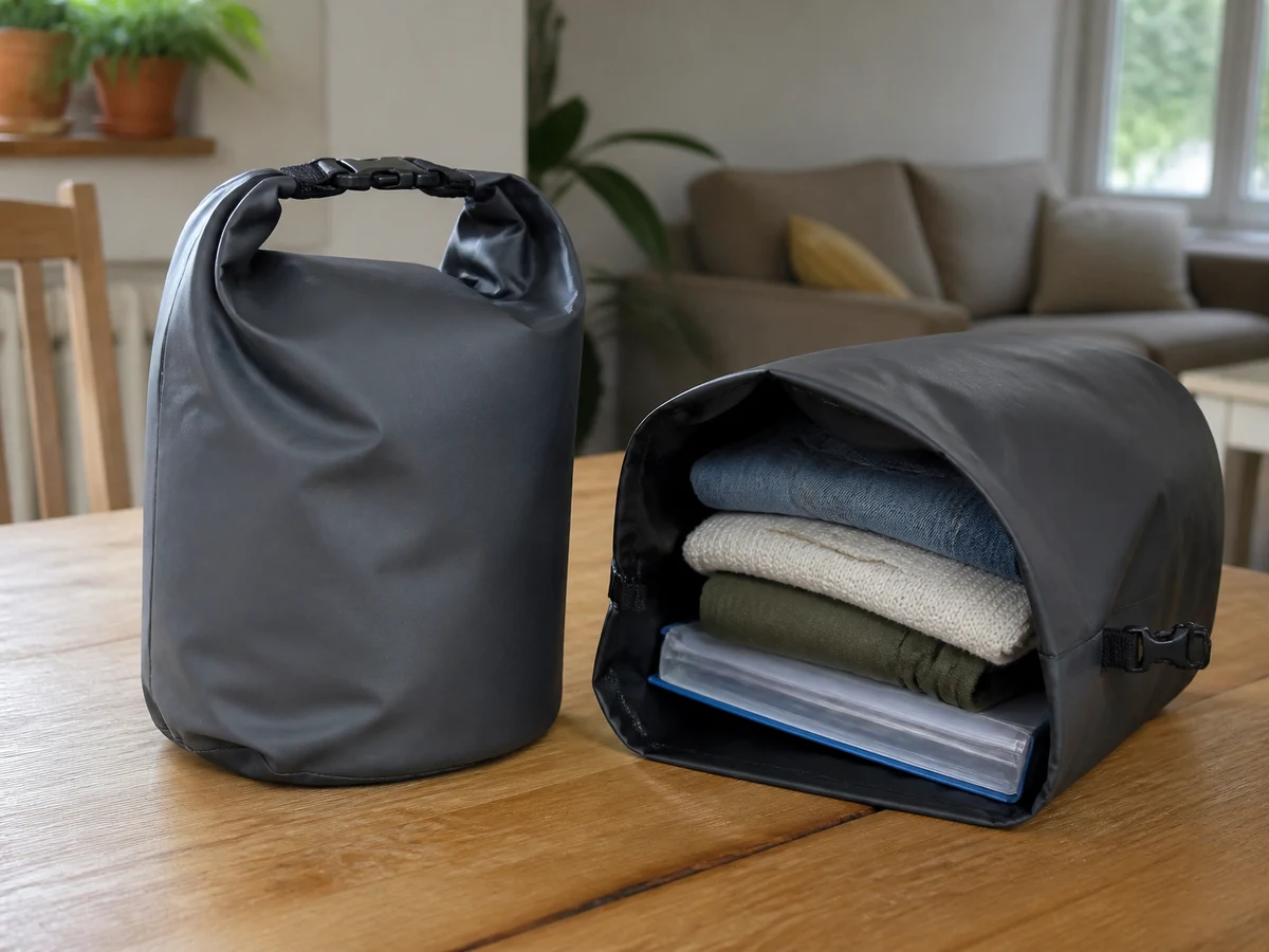 Bolsa estanca enrollada y cerrada con documentos y ropa dentro