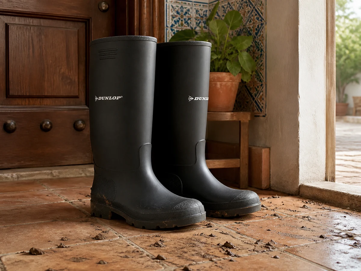 Botas de agua junto a la puerta con barro seco de la inundación