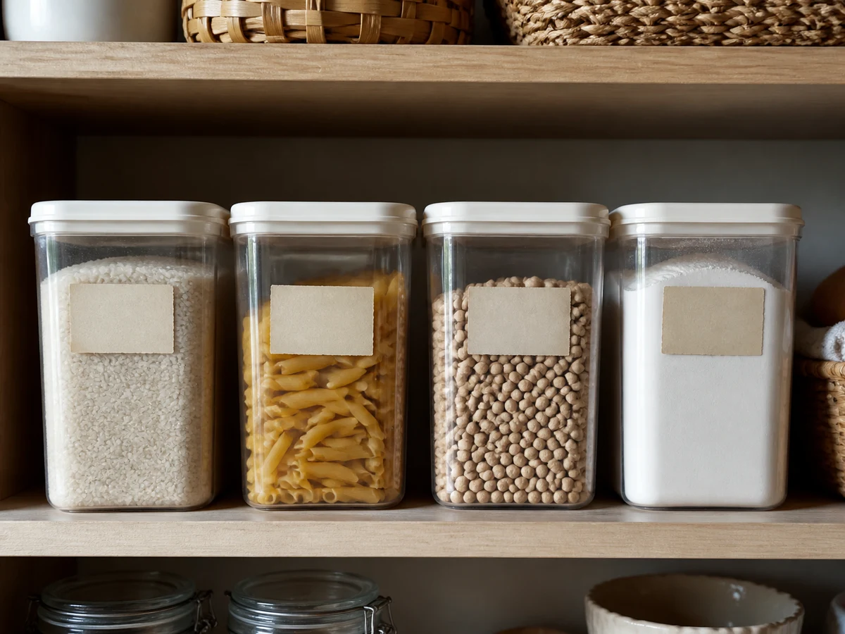 Recipientes herméticos con alimentos secos ordenados en la despensa