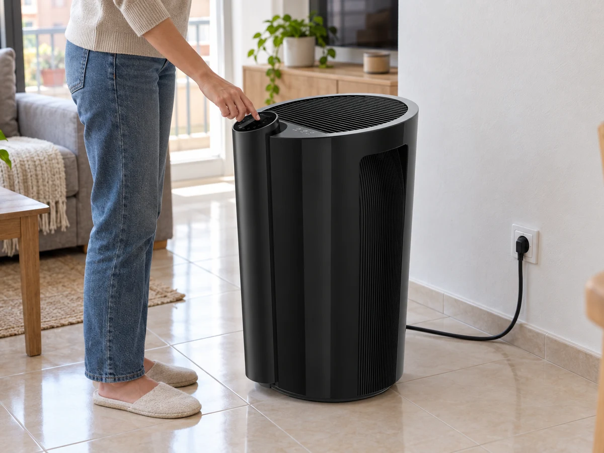 Una persona adulta ajusta un deshumidificador Cecotec BigDry 9000 Professional Black Connected sobre el suelo seco de un salón con luz natural.