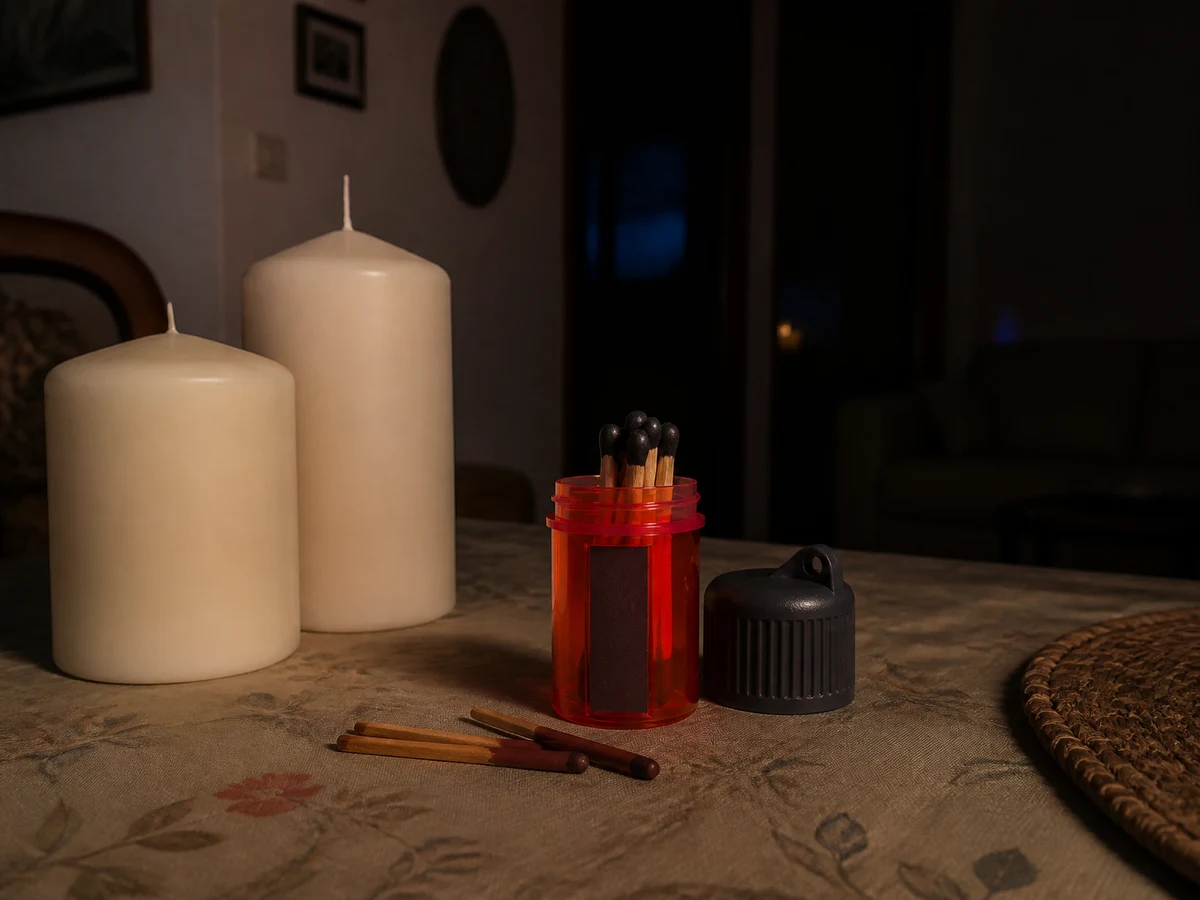 Caja de cerillas impermeables abierta junto a velas sobre una mesa