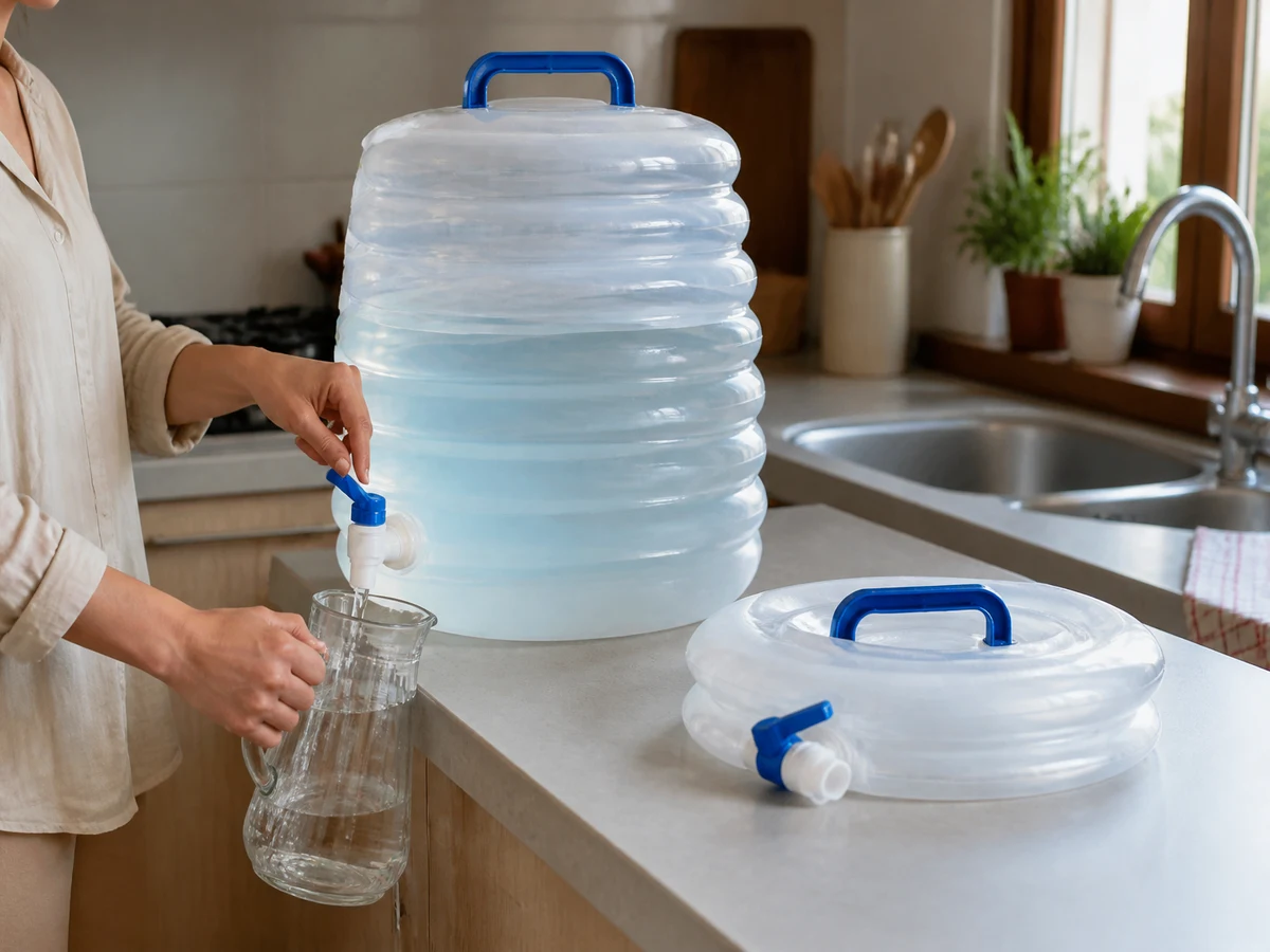 Depósito plegable de agua lleno con su grifo sobre la encimera