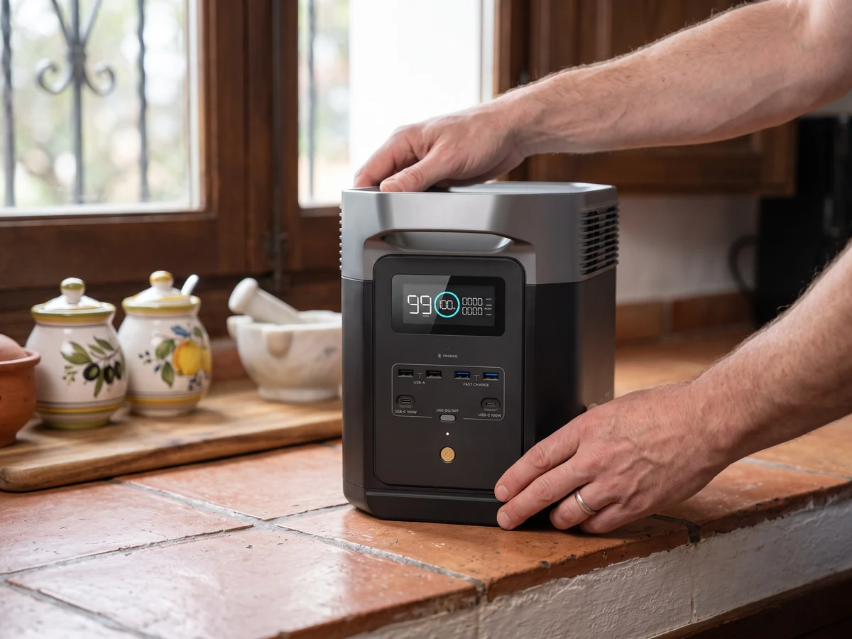 Manos colocando una EcoFlow DELTA 2 sobre una encimera de cocina