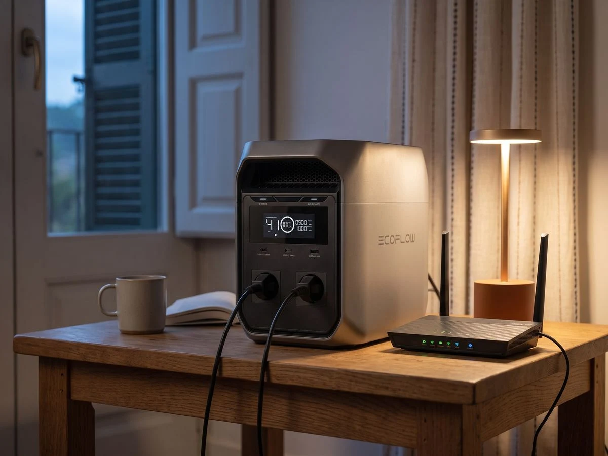 EcoFlow DELTA 3 Classic alimentando un router y una lámpara
