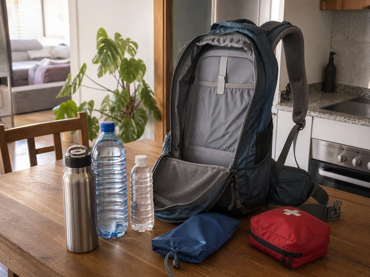 Mochila de senderismo de 40 litros abierta sobre una mesa con el kit de 72 horas organizado por compartimentos