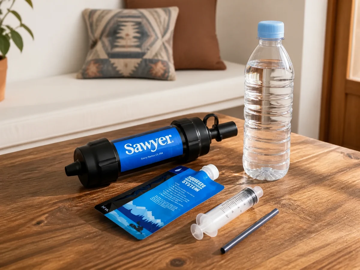Filtro de agua portátil con su bolsa y jeringa de retrolavado sobre una mesa
