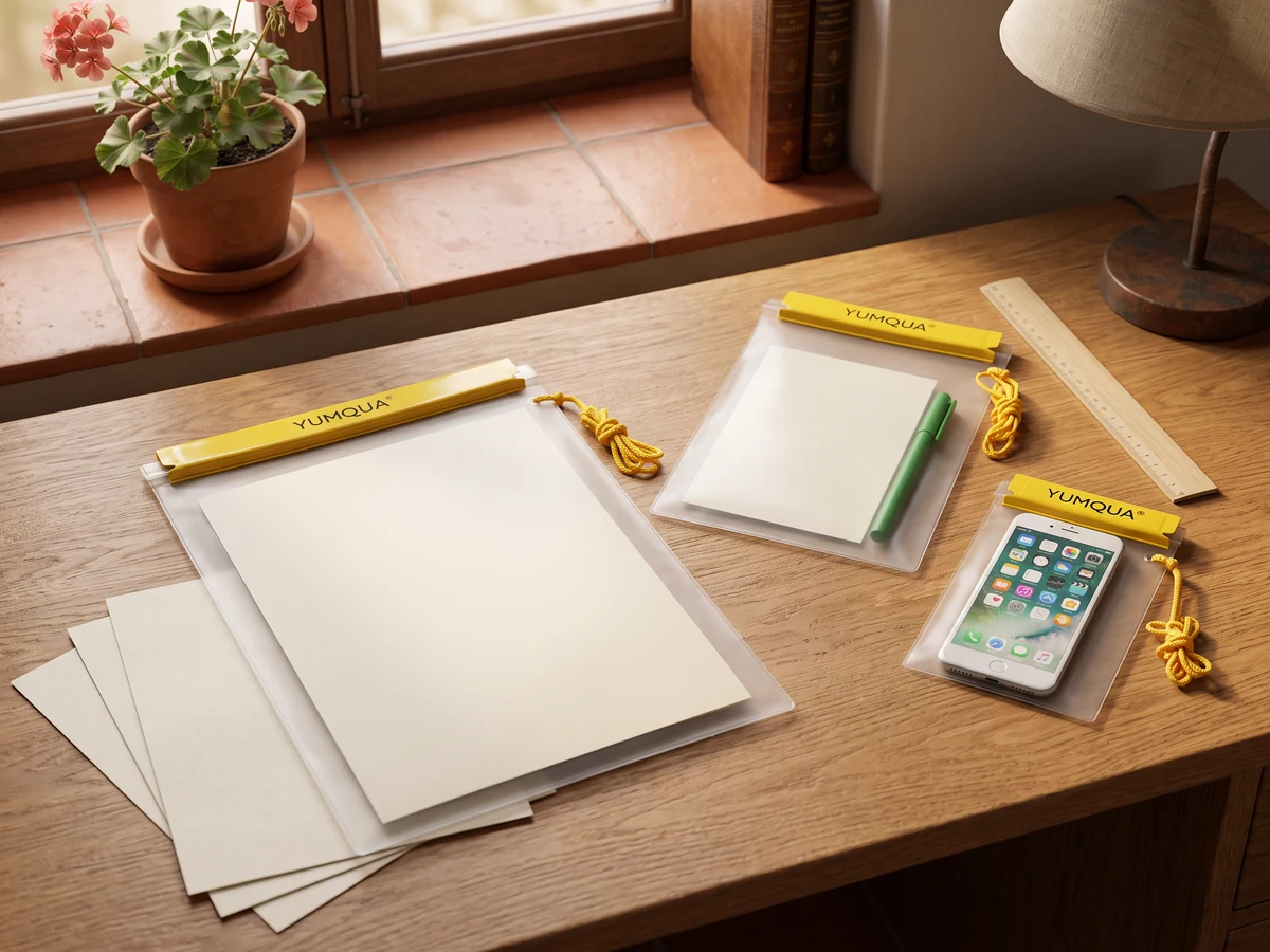 Tres fundas impermeables YUMQUA con copias de documentos