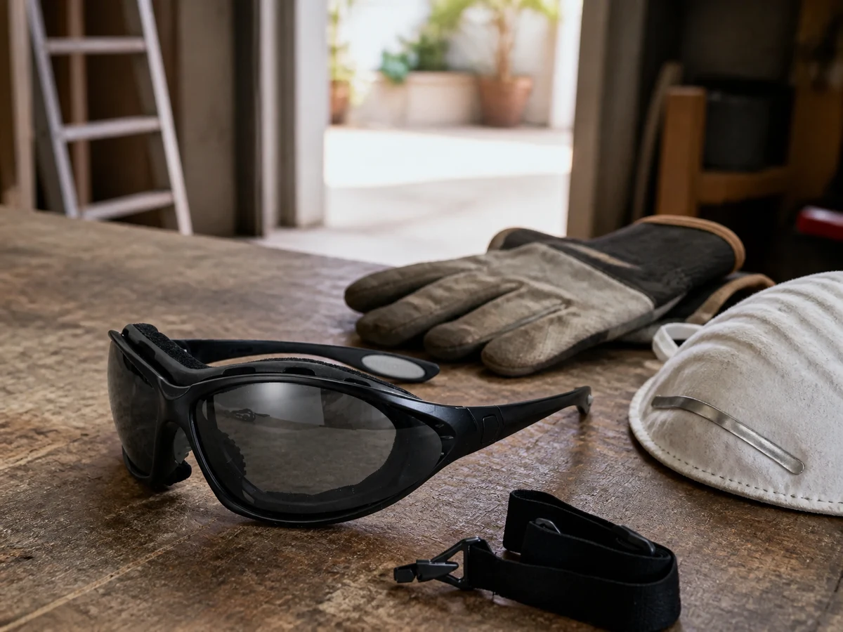 Gafas de seguridad sobre el banco de trabajo junto a los guantes