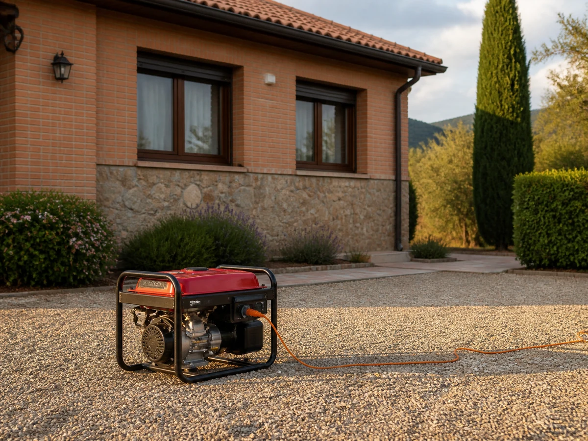 Generador portátil de gasolina sobre gravilla, a varios metros de la fachada de una casa, con el escape orientado hacia el jardín