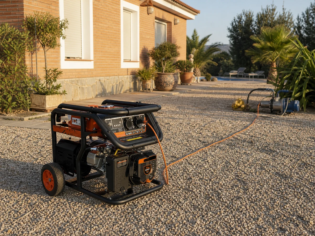Generador de gasolina Genergy Moncayo 4500 W sobre gravilla, a varios metros de la fachada, con el escape orientado hacia el jardín