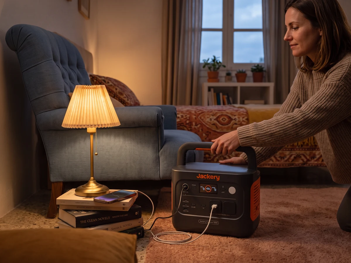 Jackery Explorer 1000 v2 junto a una mesilla y una lámpara de dormitorio