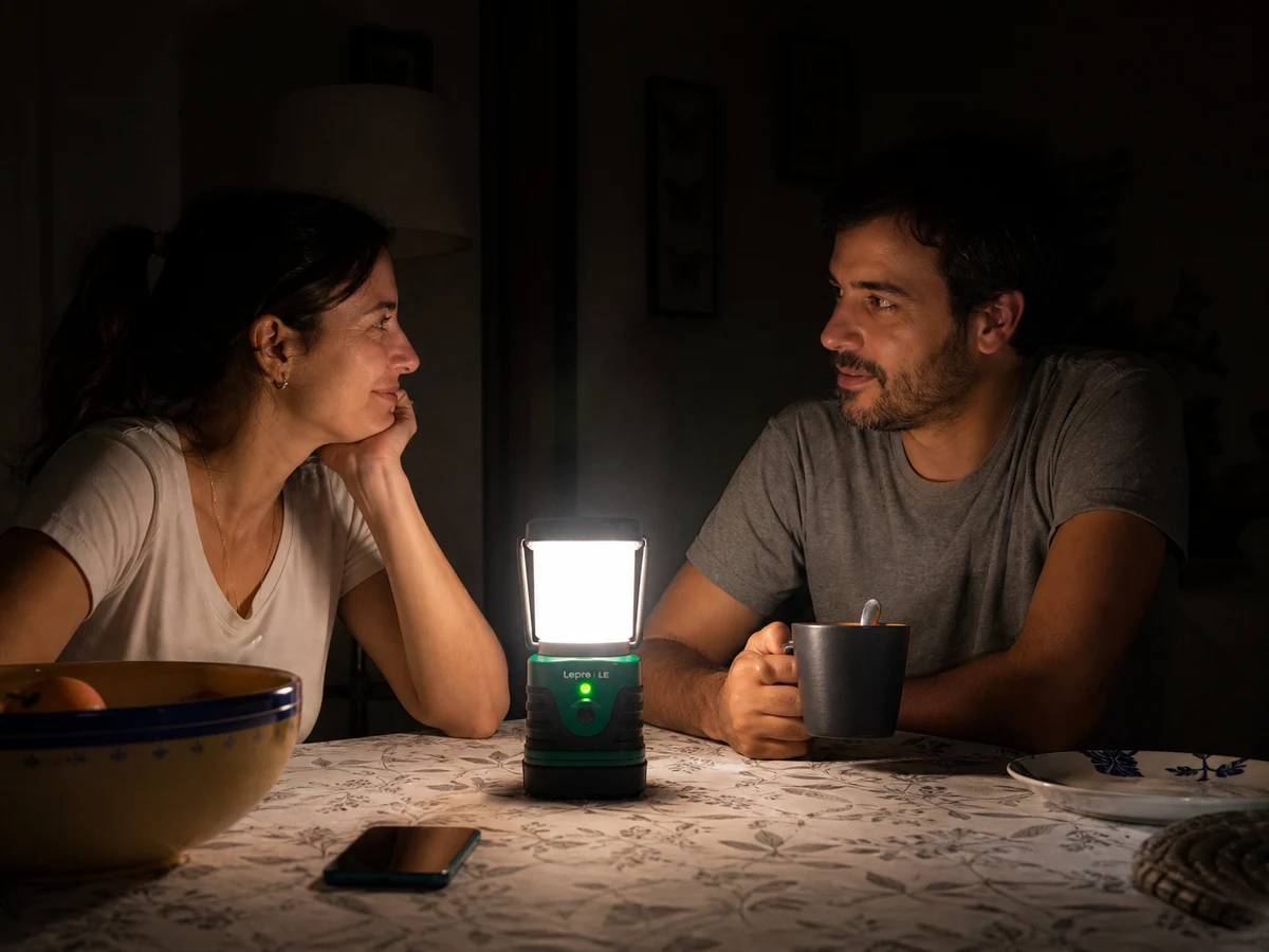 Lámpara LED encendida sobre la mesa del comedor durante un apagón