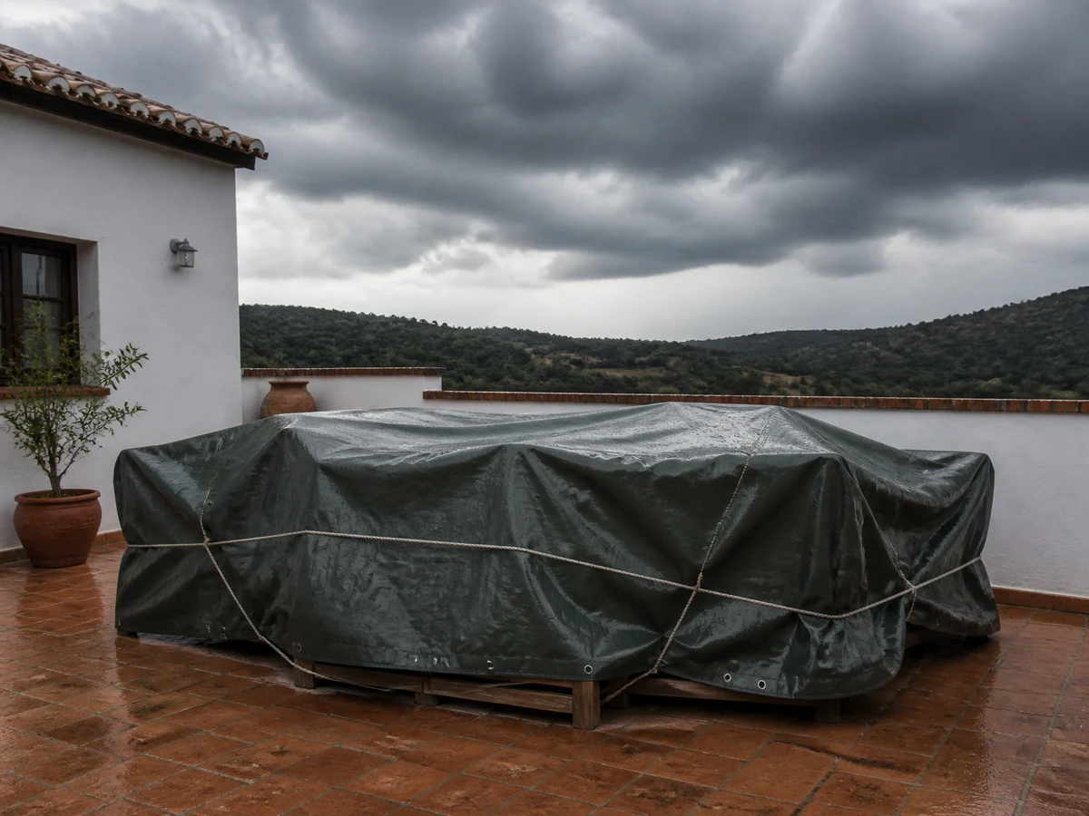 Lona impermeable atada sobre muebles de jardín antes del temporal