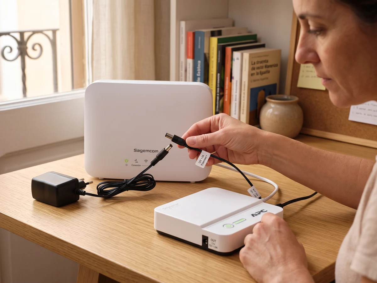 Mini UPS APC CP12036LI junto a un router y su fuente de alimentación