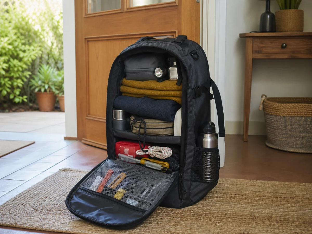 Mochila de 45 litros preparada y abierta con el equipo de evacuación