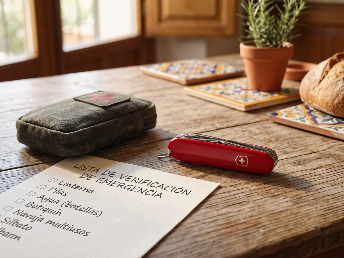 Navaja Victorinox Huntsman roja sobre una mesa con equipo de kit