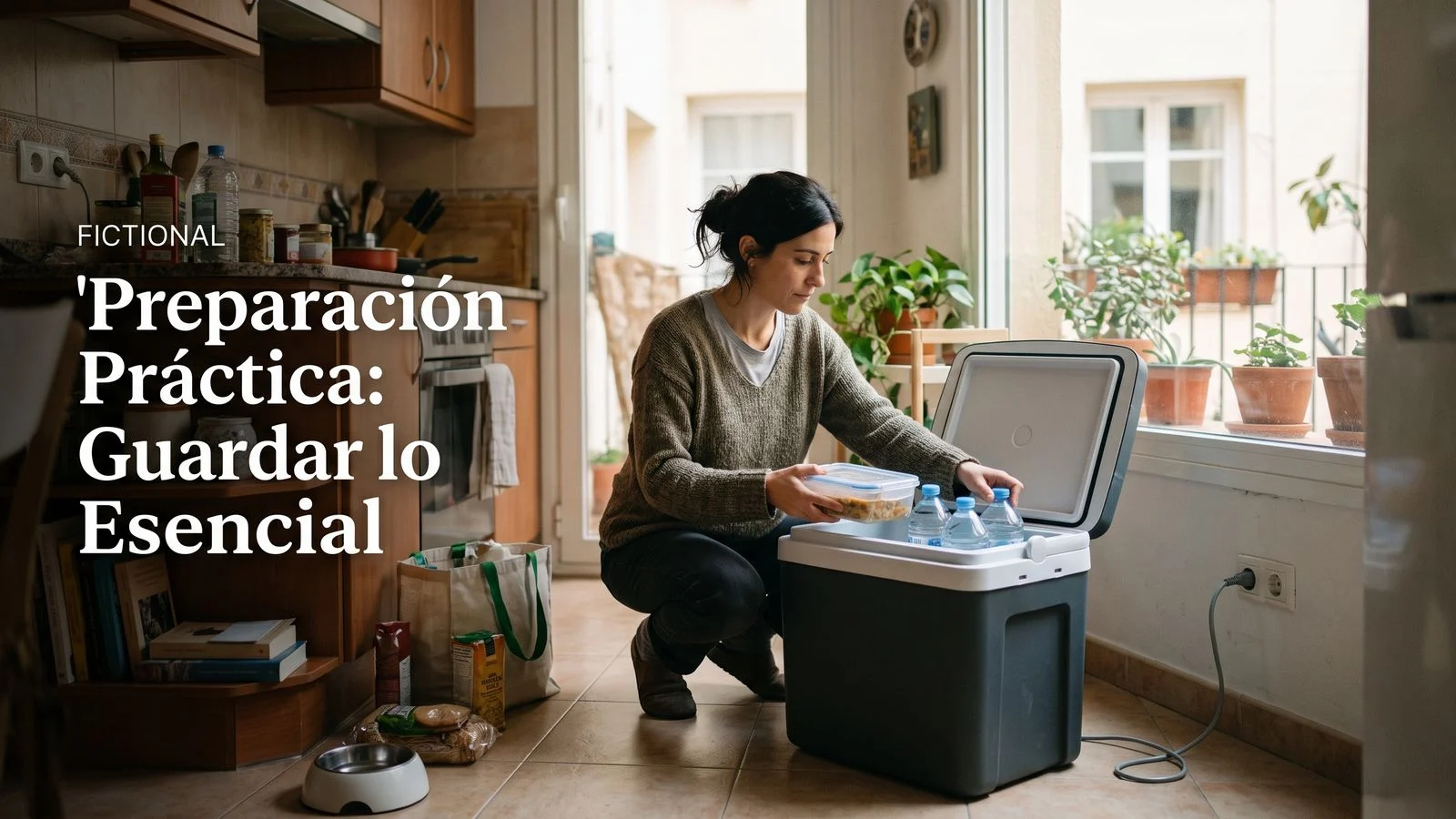 Nevera eléctrica portátil Mobicool ME27 abierta sobre una mesa de exterior con bebidas y fruta dentro