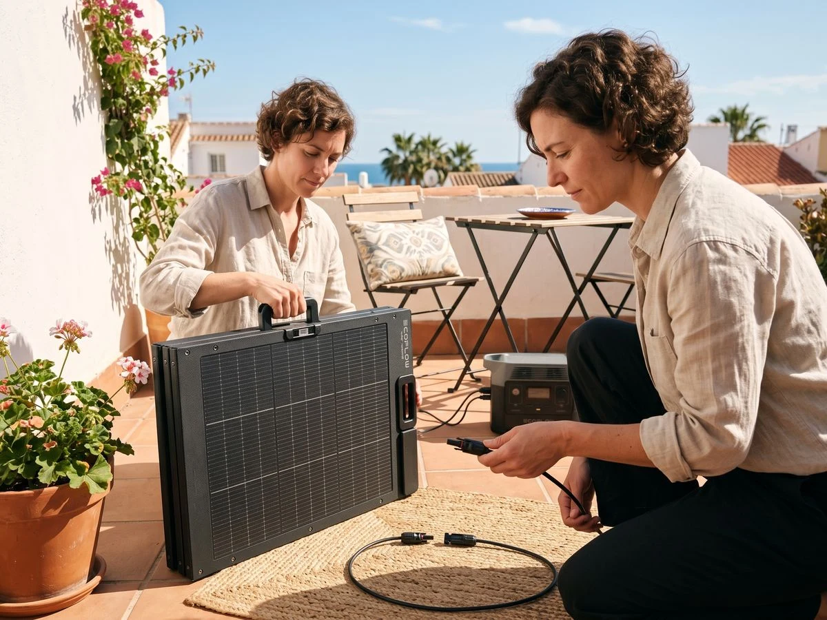 Panel solar portátil EcoFlow de 160 W desplegado en una terraza