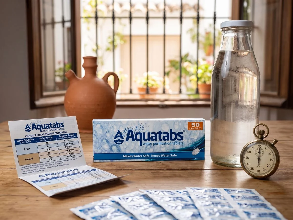 Caja y blísteres Aquatabs junto a una botella de agua