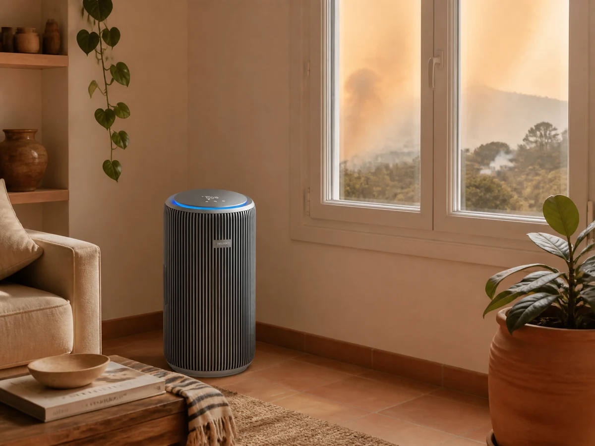 Purificador de aire funcionando en el salón con las ventanas cerradas por el humo