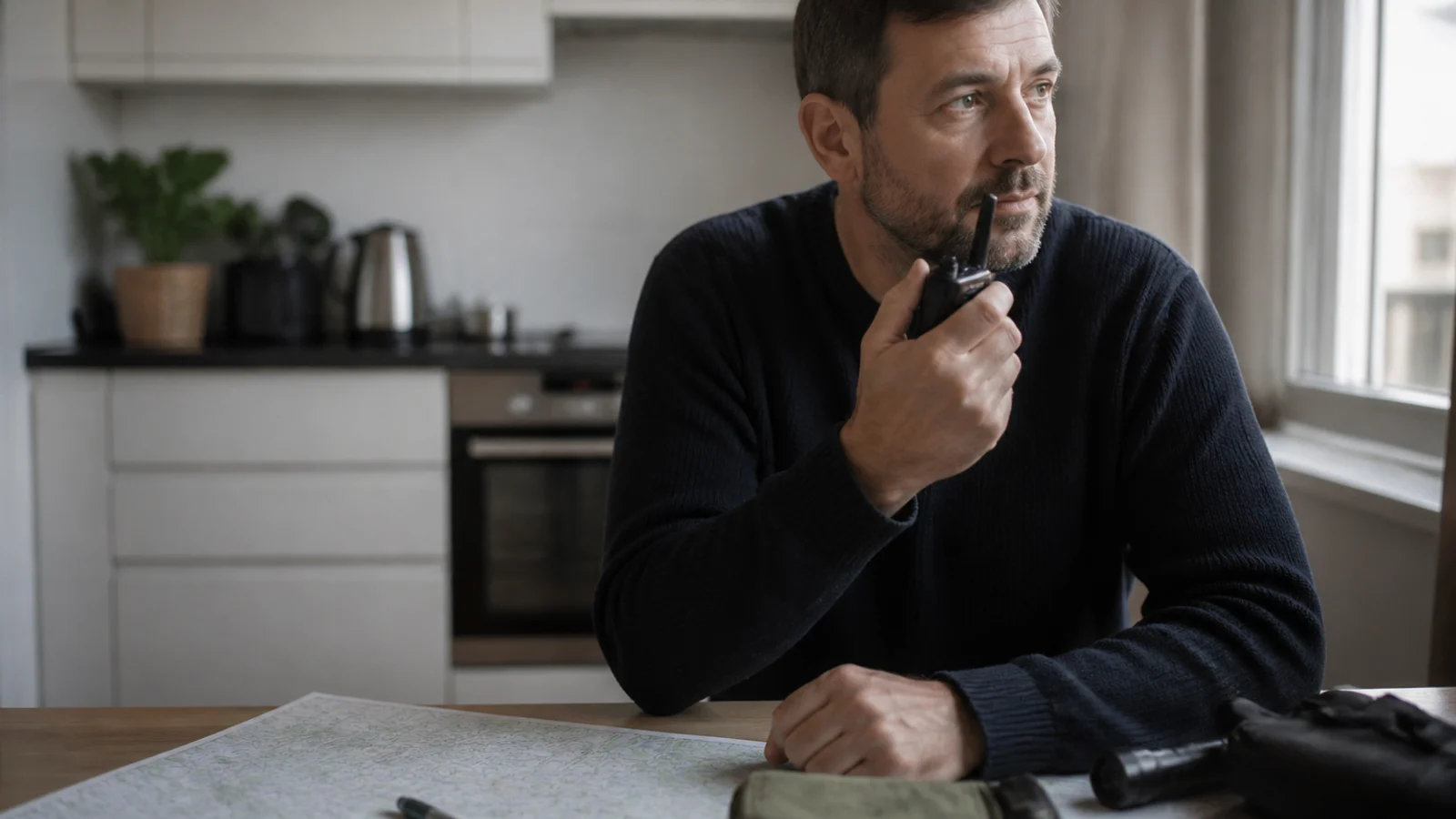 Adulto usando un walkie-talkie PMR446 de mano en la acera cerca de un colegio para coordinar la recogida