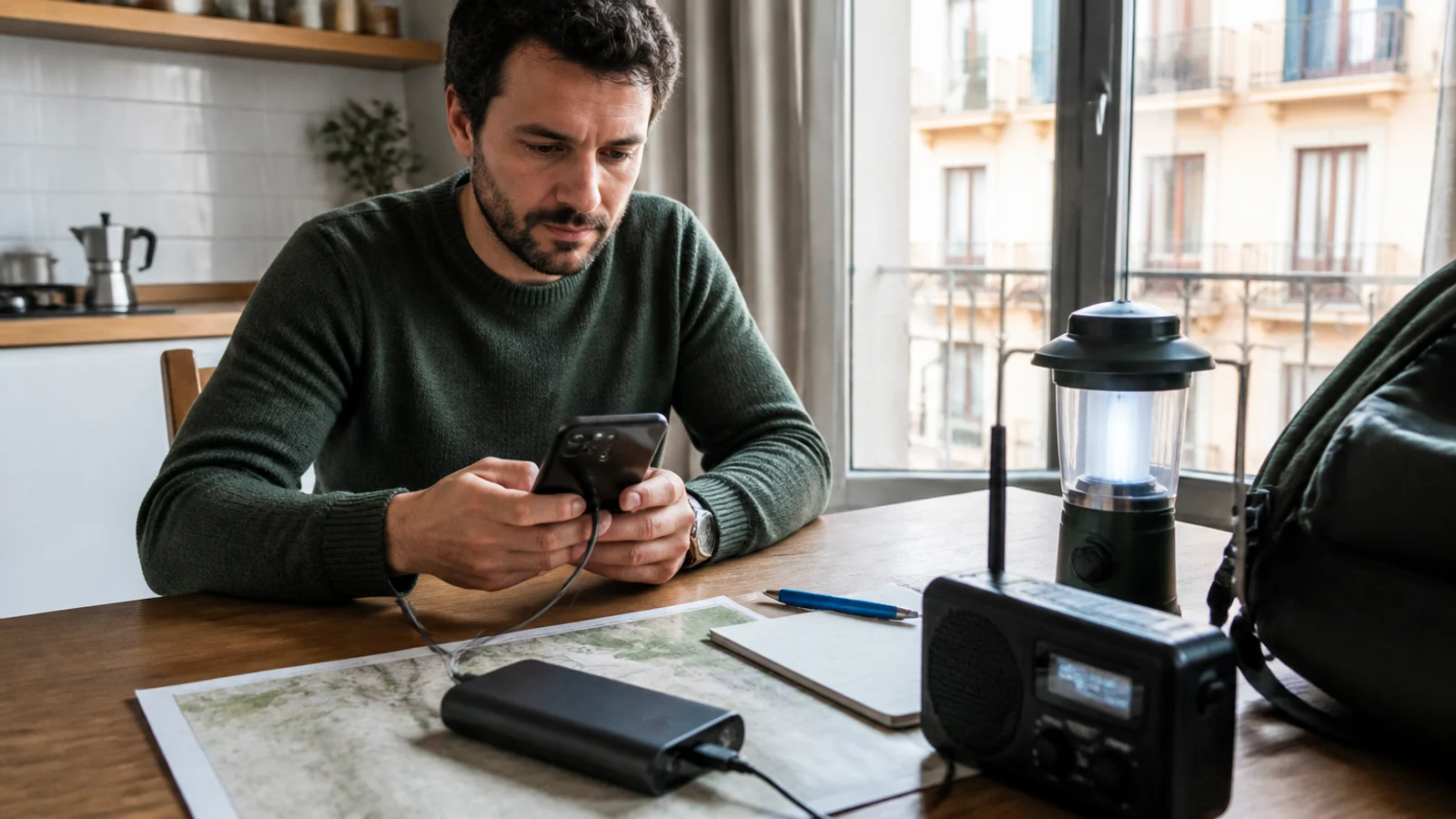 Batería externa USB-C con cable integrado cargando un móvil dentro del bolso de un adulto durante la jornada