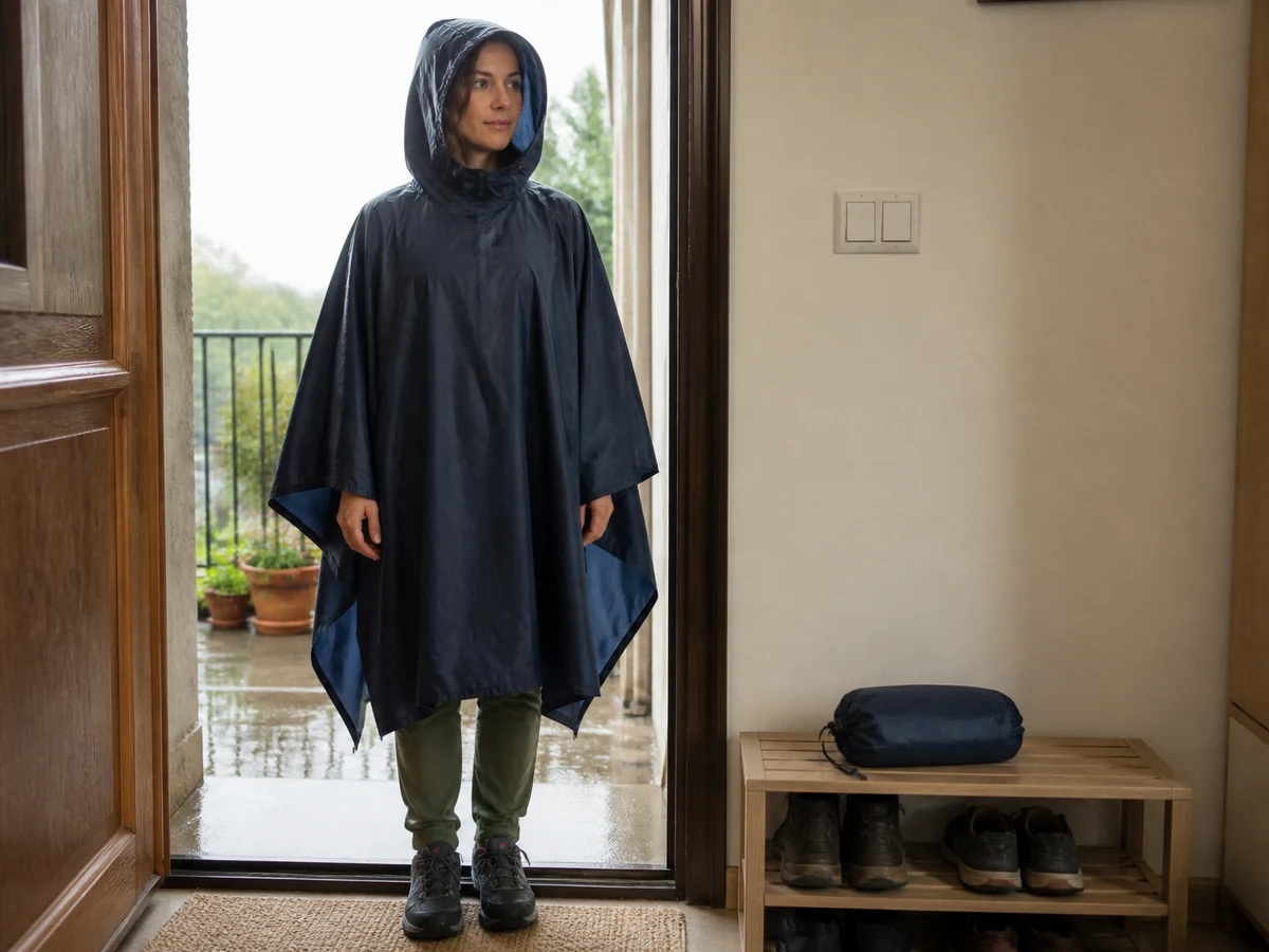 Persona con un poncho de lluvia en la puerta de casa y otro plegado en su bolsa