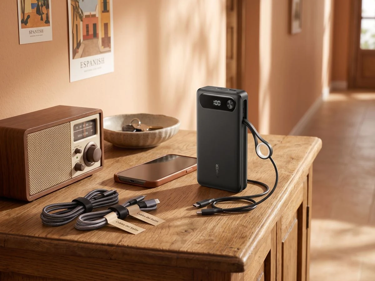 Anker A1383 junto a un teléfono, una radio y sus cables de carga