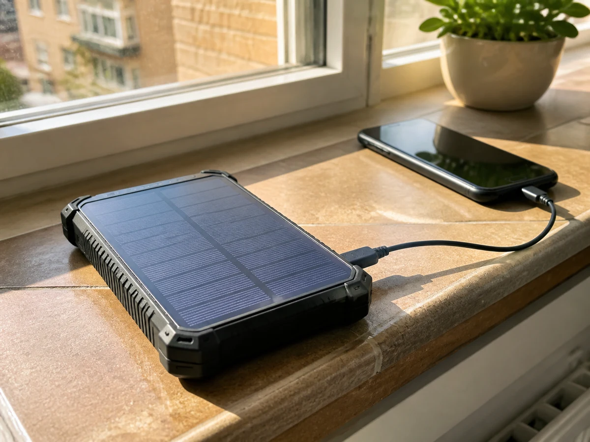 Batería externa con panel solar cargándose en el alféizar de una ventana