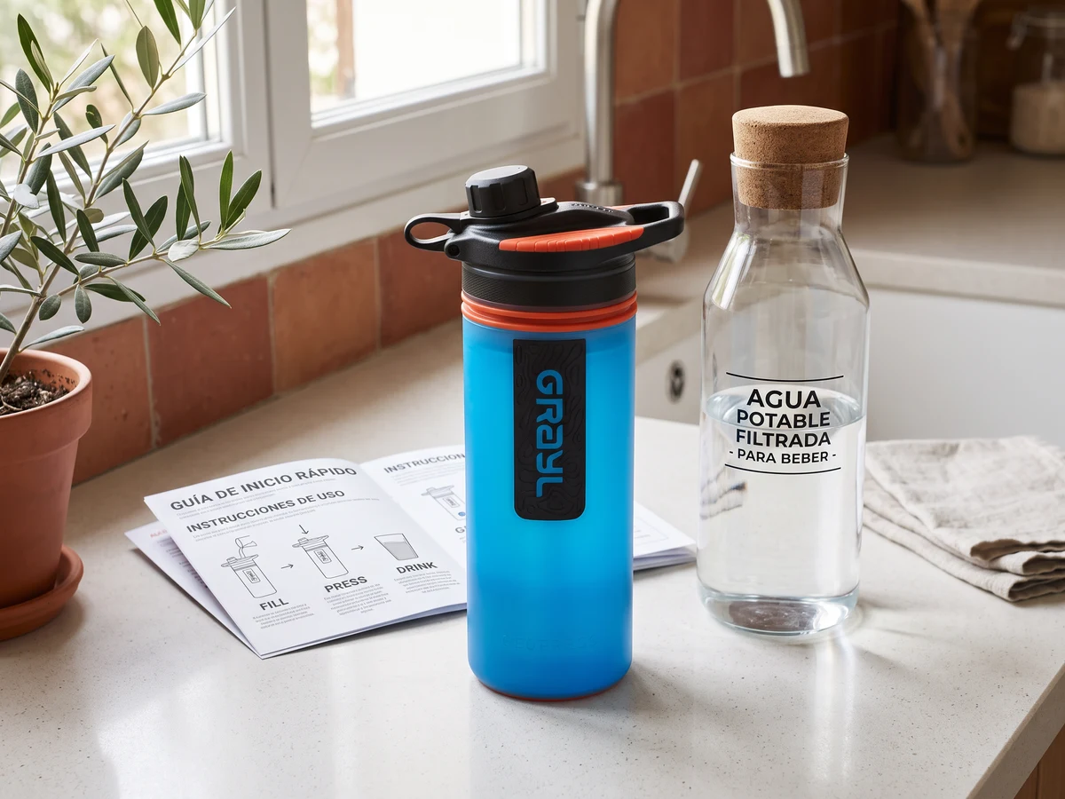 Purificador GRAYL GeoPress junto a una reserva doméstica de agua