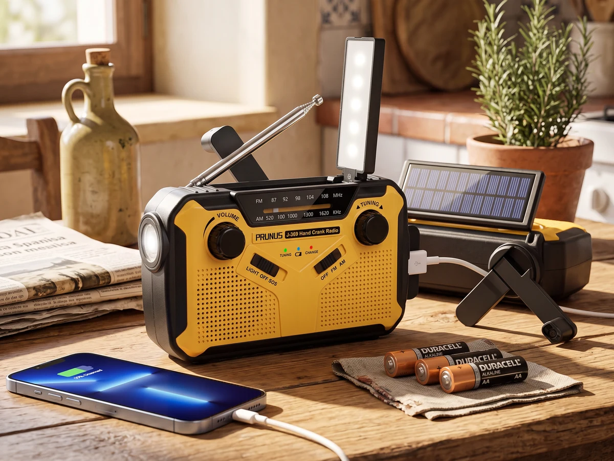 Radio de emergencia PRUNUS J-369 con panel solar y manivela