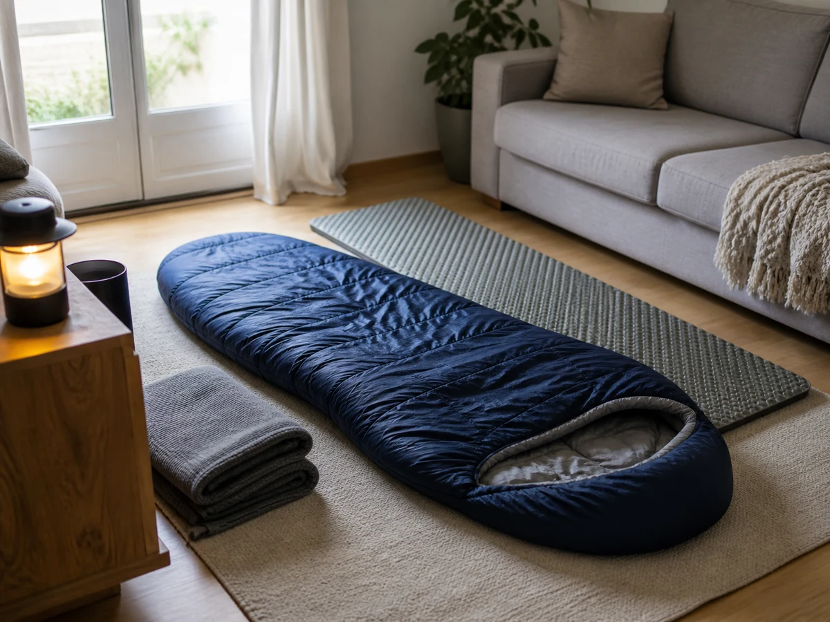 Saco de dormir extendido en el suelo de un salón junto a una esterilla