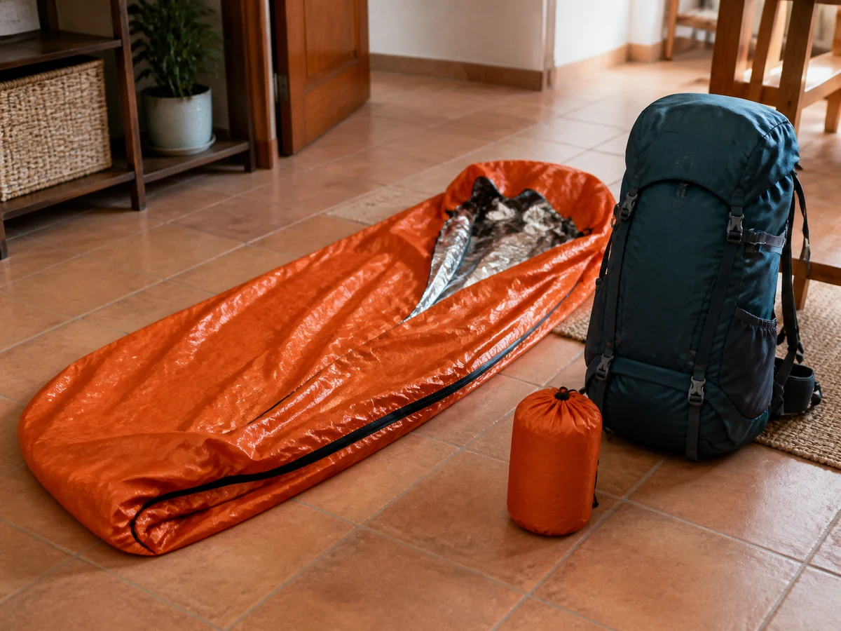 Saco de vivac de emergencia junto a la mochila preparada