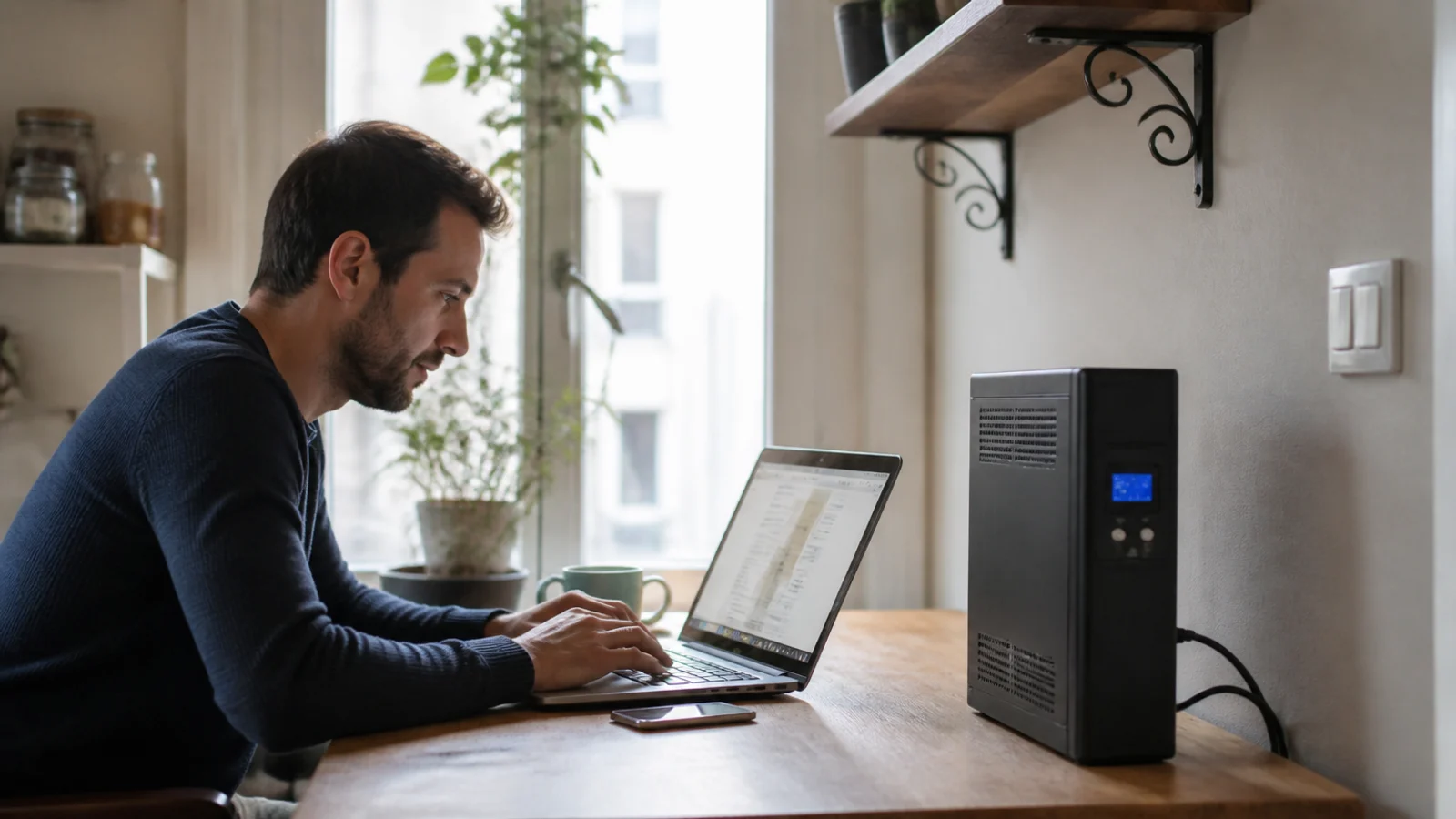 SAI doméstico instalado bajo un escritorio con ordenador, monitor y router conectados