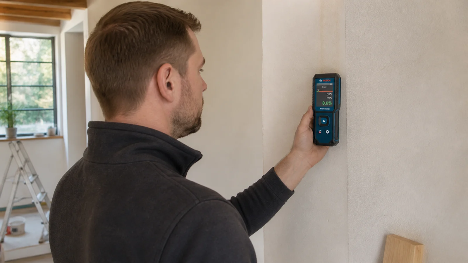 Un medidor Bosch GMM 1-15 apoyado sobre una pared durante una comprobación de materiales.