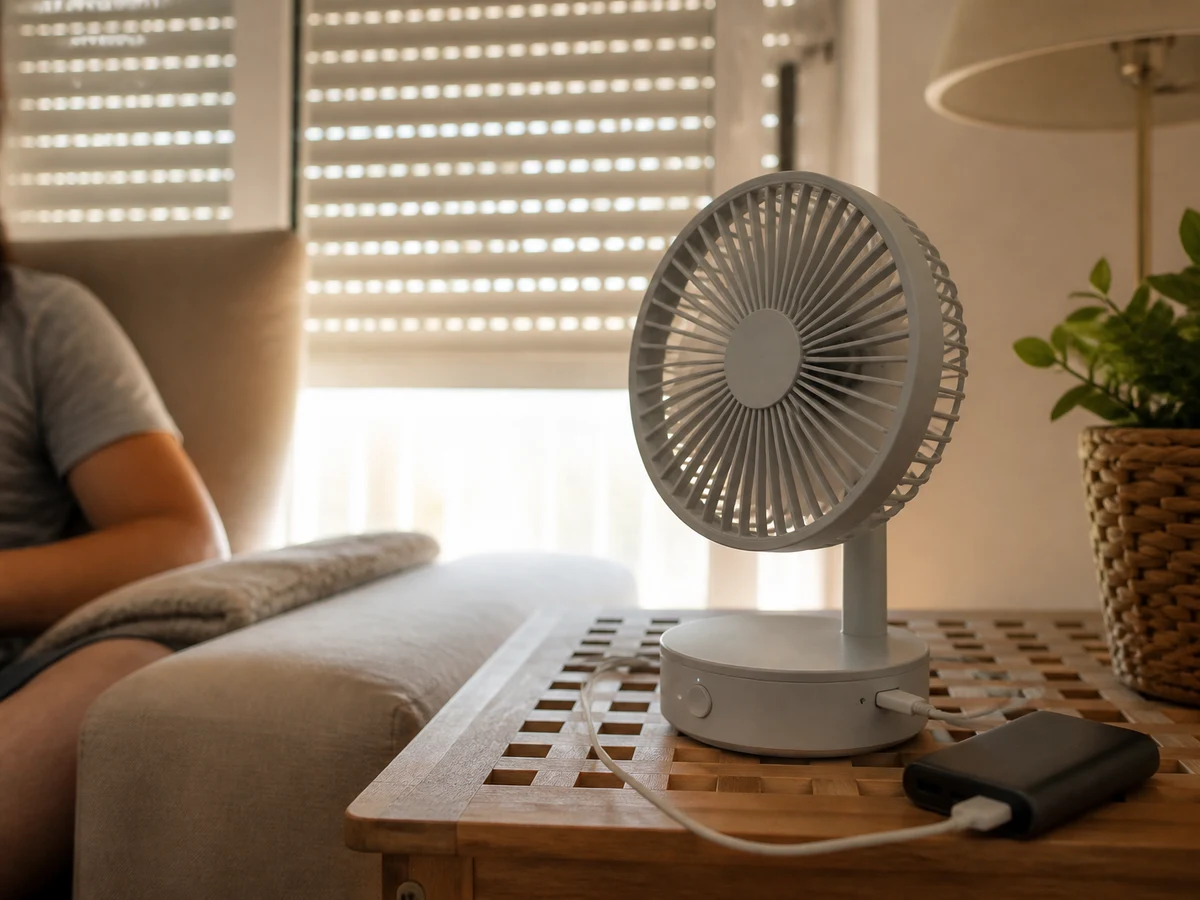 Ventilador recargable de mesa funcionando en un salón con las persianas bajadas