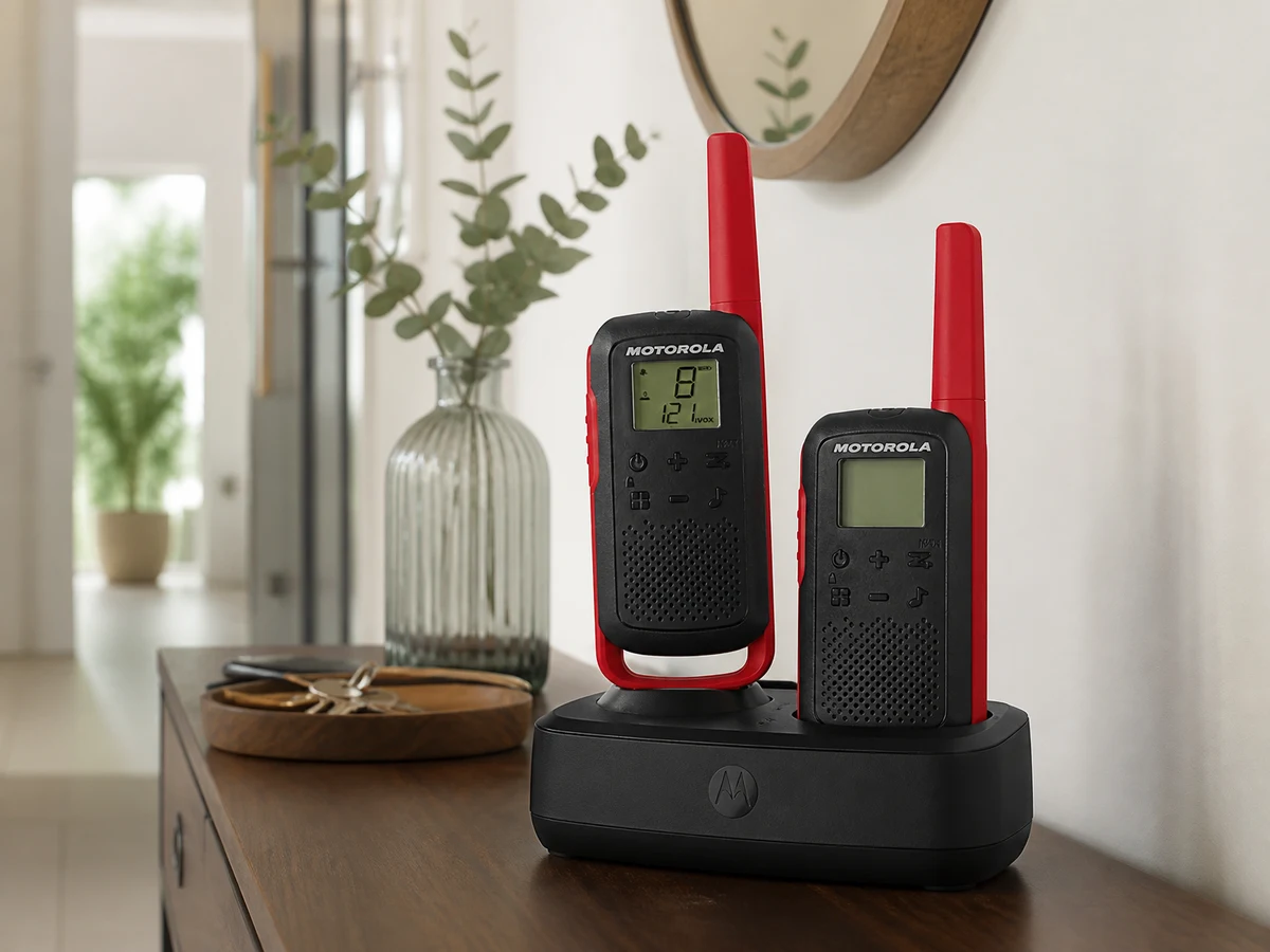 Pareja de walkie-talkies PMR446 sobre la mesa del recibidor con su base de carga