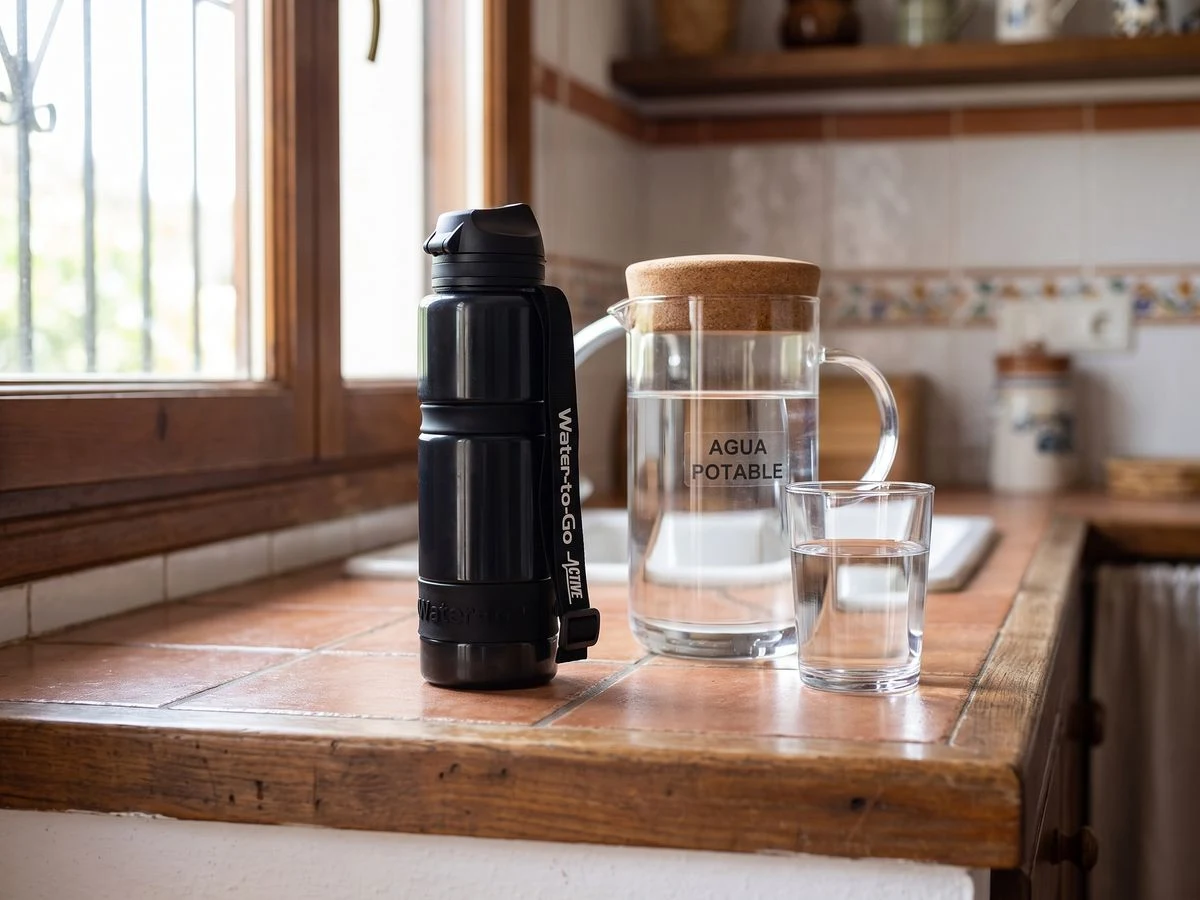 Botella filtro Water-to-Go Active 75 cl junto a una reserva de agua en casa