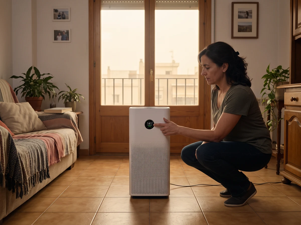 Purificador de aire Xiaomi Smart 4 Pro funcionando en un salón con las ventanas cerradas